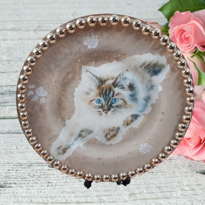 Talerz dekoracyjny ozdobny z motywem kota decoupage / talerz z kotem