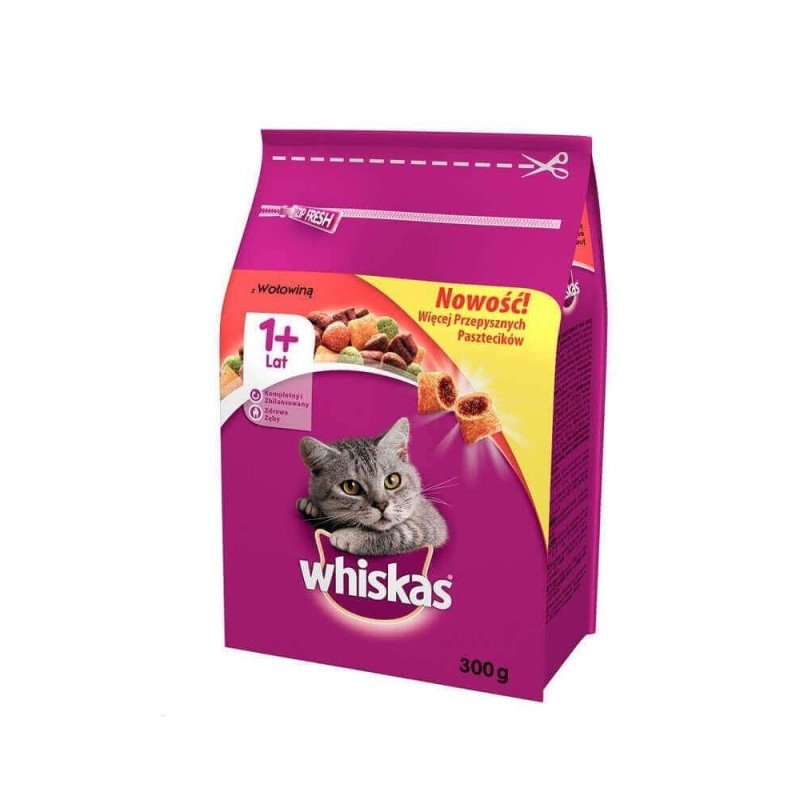 Whiskas sucha karma dla kota 1+ z wołowiną, nadziewane paszteciki 300 g Whiskas sucha karma dla kota 1+ z wołowiną, nadziewane paszteciki 300 g