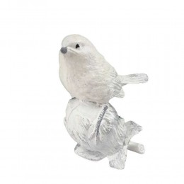 Figurka świąteczna ptaszek brokatowy / srebrno-biały ptaszek ptak na żołędziu