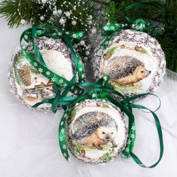 Bombki świąteczne decoupage z jeżem - komplet 3 ręcznie robionych ozdób z plexi