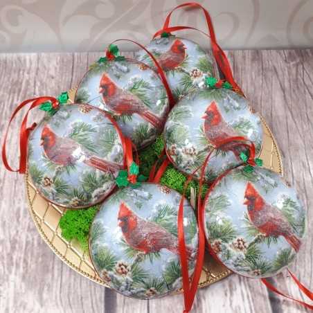 Bombki świąteczne decoupage kardynał szkarłatny 6 sztuk