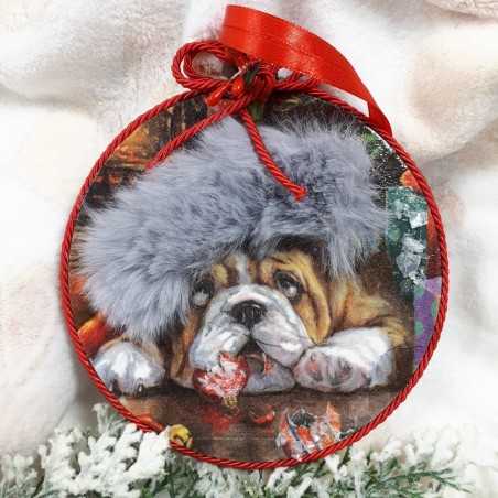 Bombka decoupage z buldogiem angielskim ze sklejki, zawieszka świąteczna handmade Bombka decoupage z buldogiem angielskim ze sklejki, zawieszka świąteczna handmade
