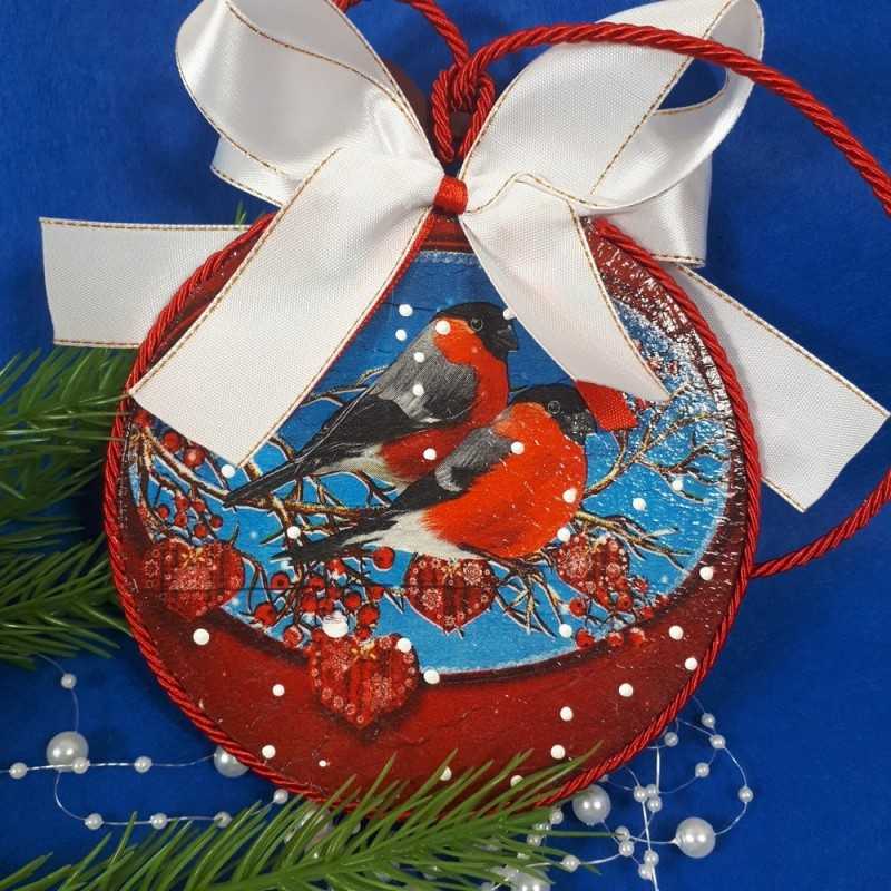 Świąteczna bombka decoupage z gilami, dwustronna ze sklejki, 34 cm