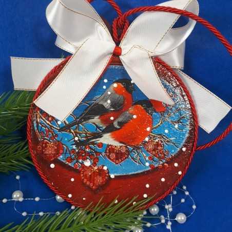 Świąteczna bombka decoupage z gilami, dwustronna ze sklejki, 34 cm