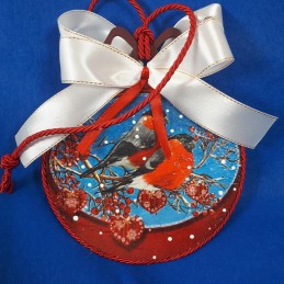 Świąteczna bombka decoupage z gilami, dwustronna ze sklejki, 34 cm, zdjęcie 3