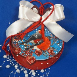 Świąteczna bombka decoupage z gilami, dwustronna ze sklejki, 34 cm, zdjęcie 4