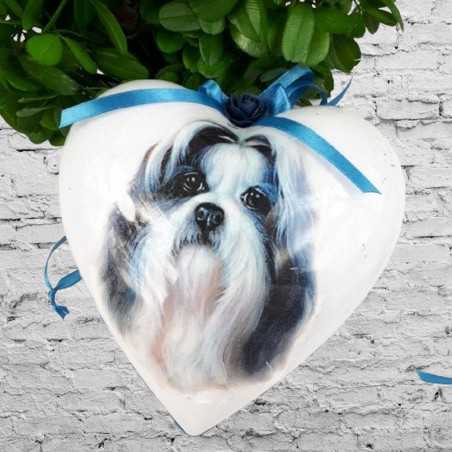 Bombka decoupage serce z psem Shih Tzu, rękodzieło 16x16x8 cm