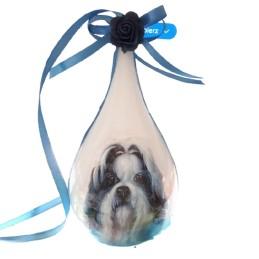 Bombka łezka decoupage z psem Shih Tzu i niebieską kokardą