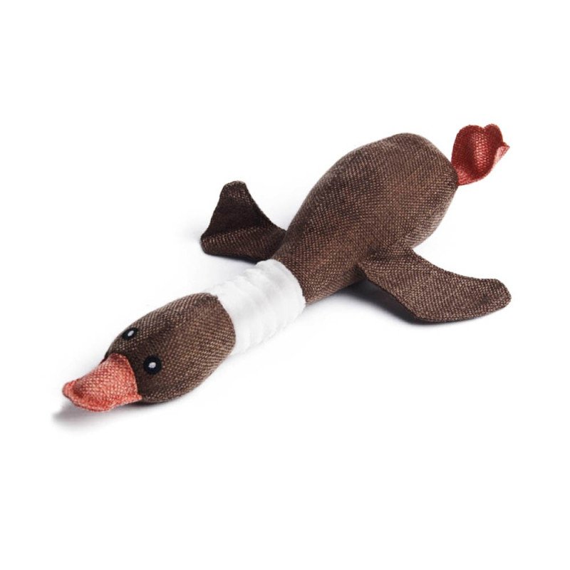Piszcząca kaczka dla psa uszyta z juty, eko zabawka 30 cm w 3 kolorach Piszcząca kaczka dla psa uszyta z juty, eko zabawka 30 cm w 3 kolorach