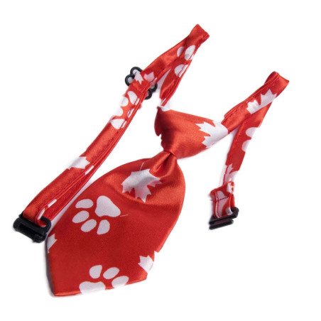 Czerwony krawat dla psa i kota w białe łapki i klonowe listki, regulowany, 40 cm