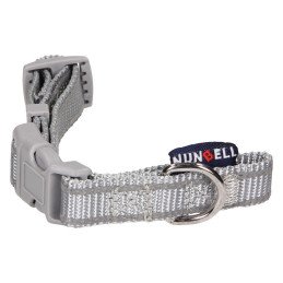 Szara obroża NUNBELL z etykietą, zapięta