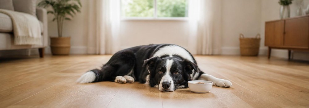 witaminy dla psa, border collie przy misce